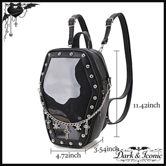 Gothic Coffin Shape Vegan Leather Backpack with 3 Inserts, Adjustable Straps